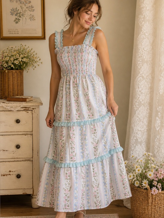 Abby & Evie Dresses & Skirts - NWT Abby & Evie Cottagecore Floral Maxi Dress Blue Pink Smocked Tiered Size L